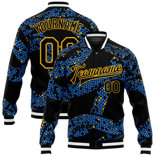 Custom Royal Black-Gold 3D Pattern Design Bomber Full-Snap Varsity Letterman Jacket - Main View