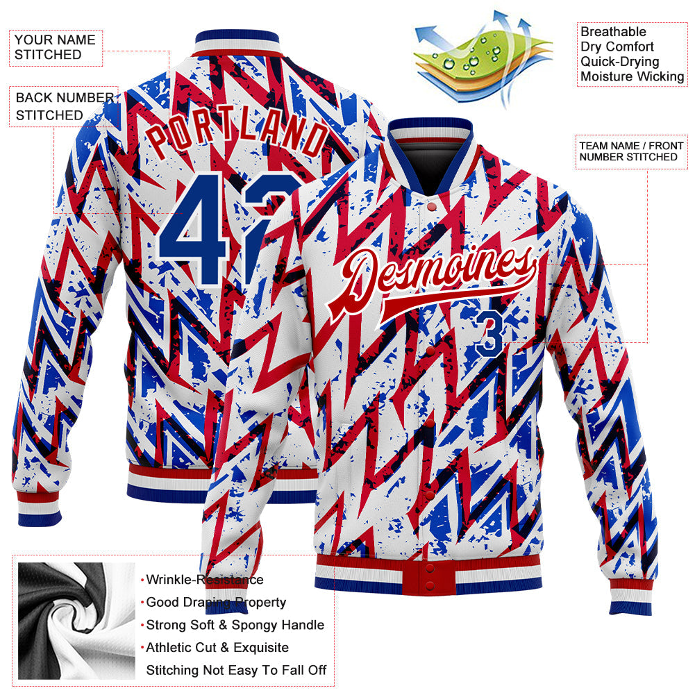 Custom White Royal-Red 3D Pattern Design Bomber Full-Snap Varsity Letterman Jacket view 5