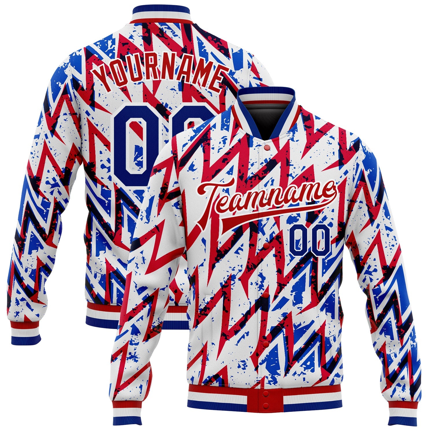 Custom White Royal-Red 3D Pattern Design Bomber Full-Snap Varsity Letterman Jacket - Main View