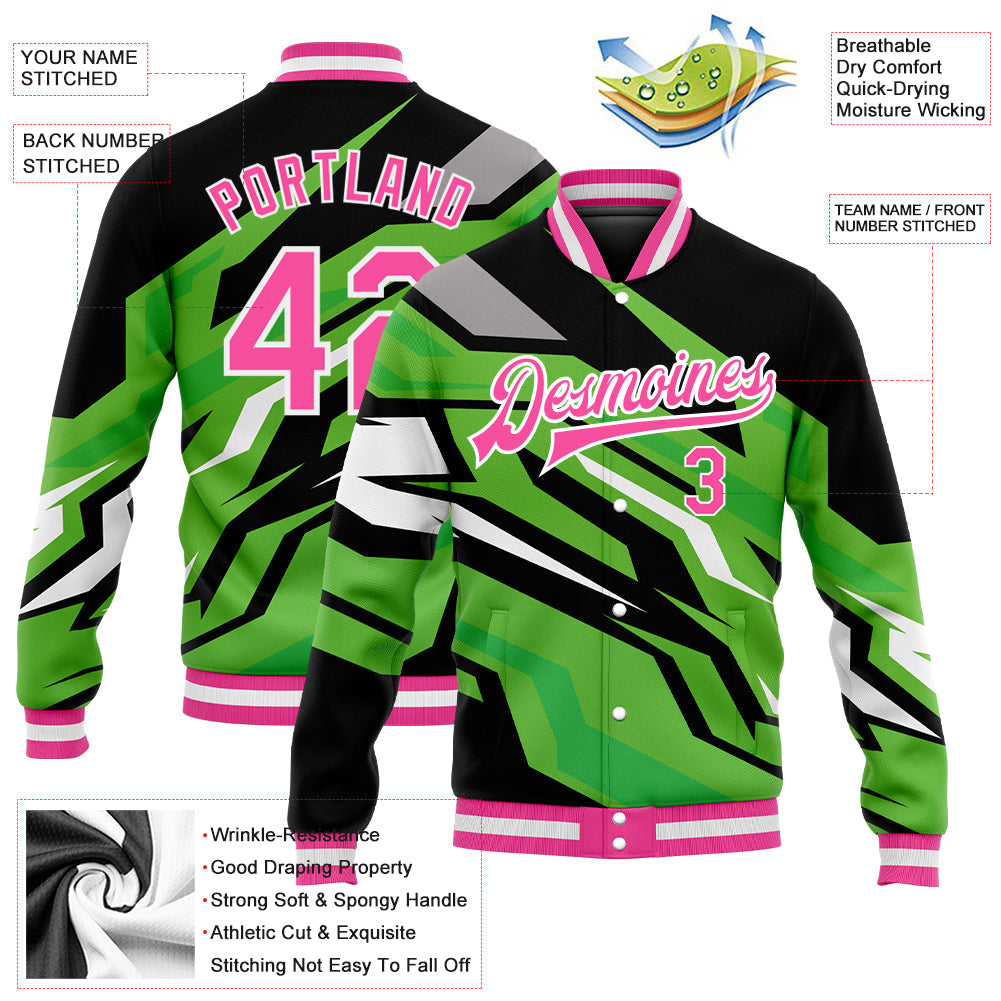 Custom Kelly Green Pink-Black 3D Pattern Design Bomber Full-Snap Varsity Letterman Jacket view 5
