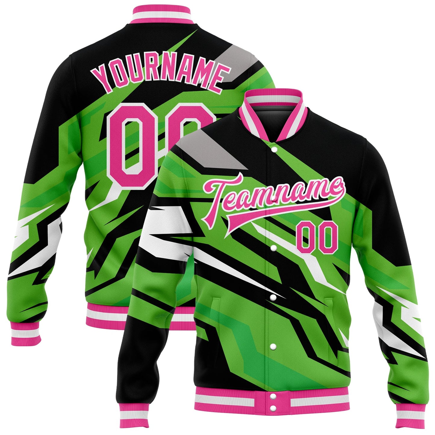 Custom Kelly Green Pink-Black 3D Pattern Design Bomber Full-Snap Varsity Letterman Jacket - Main View