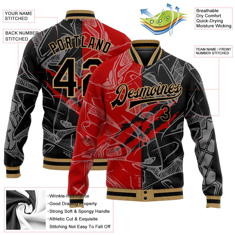 Custom Graffiti Pattern Black Red-Old Gold 3D Bomber Full-Snap Varsity Letterman Jacket view 5
