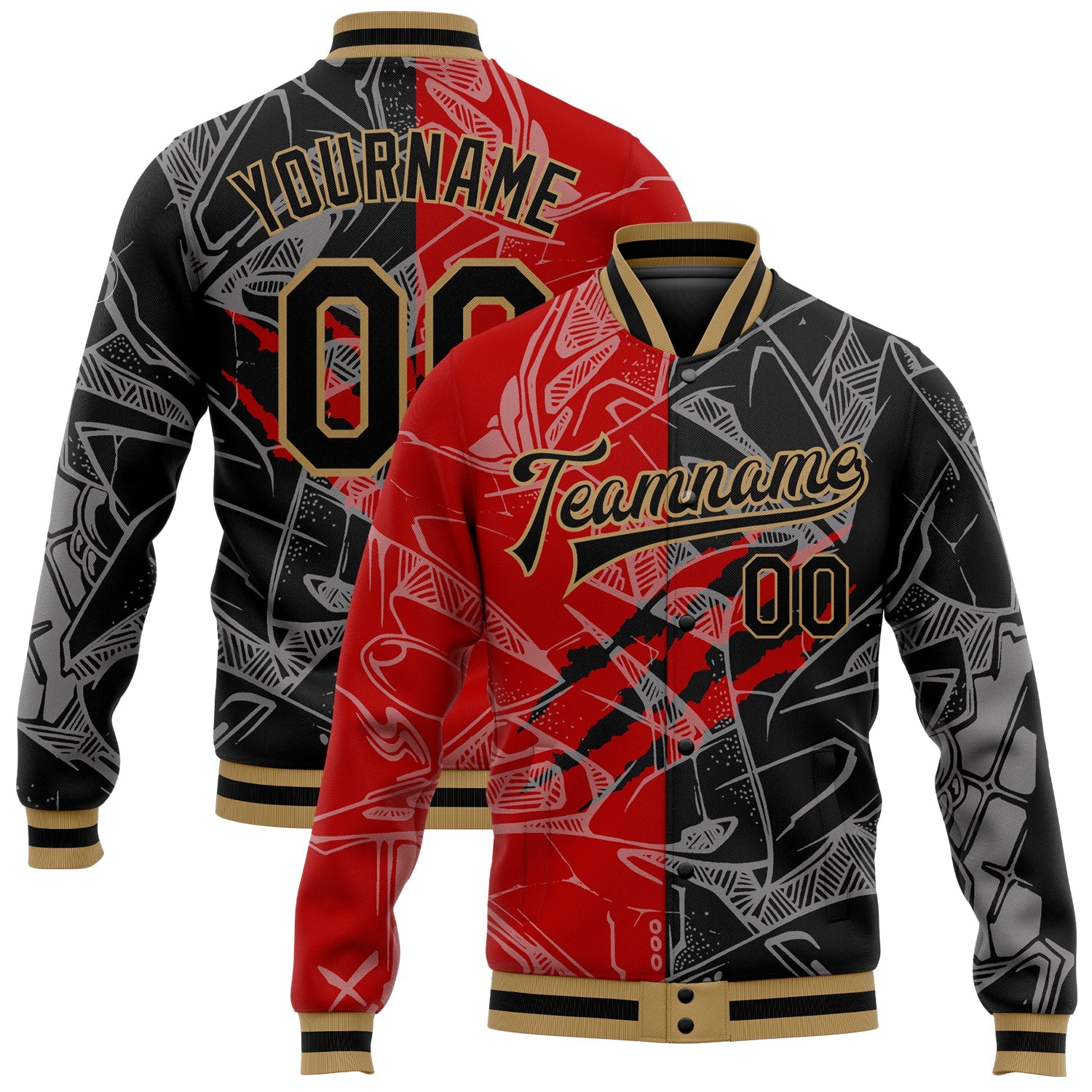 Custom Graffiti Pattern Black Red-Old Gold 3D Bomber Full-Snap Varsity Letterman Jacket - Main View