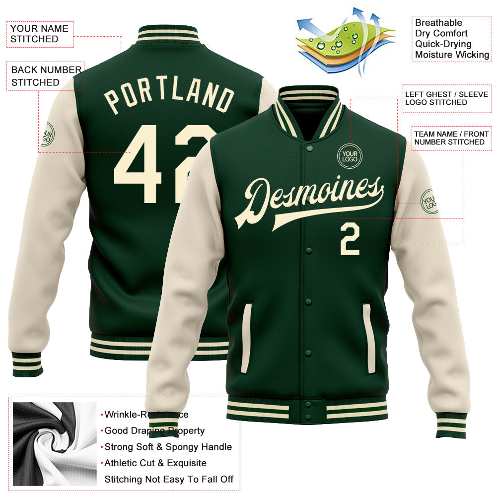 Custom Green Cream Bomber Full-Snap Varsity Letterman Two Tone Jacket view 5