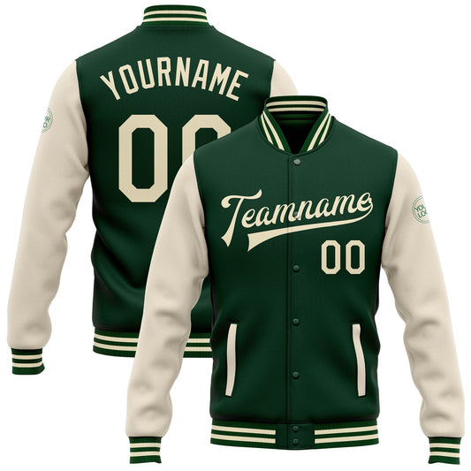 Custom Green Cream Bomber Full-Snap Varsity Letterman Two Tone Jacket - Main View