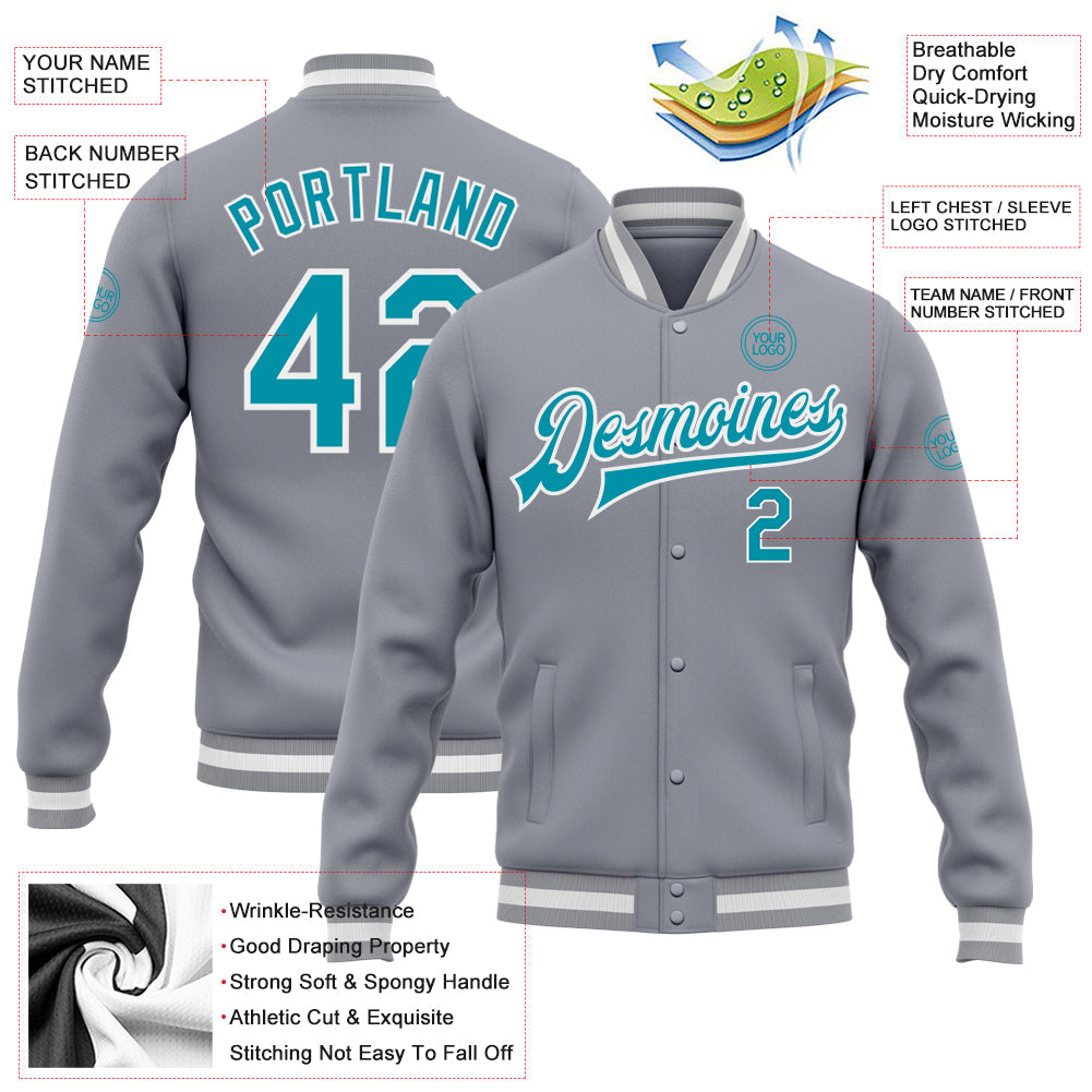 Custom Gray Teal-White Bomber Full-Snap Varsity Letterman Jacket view 5
