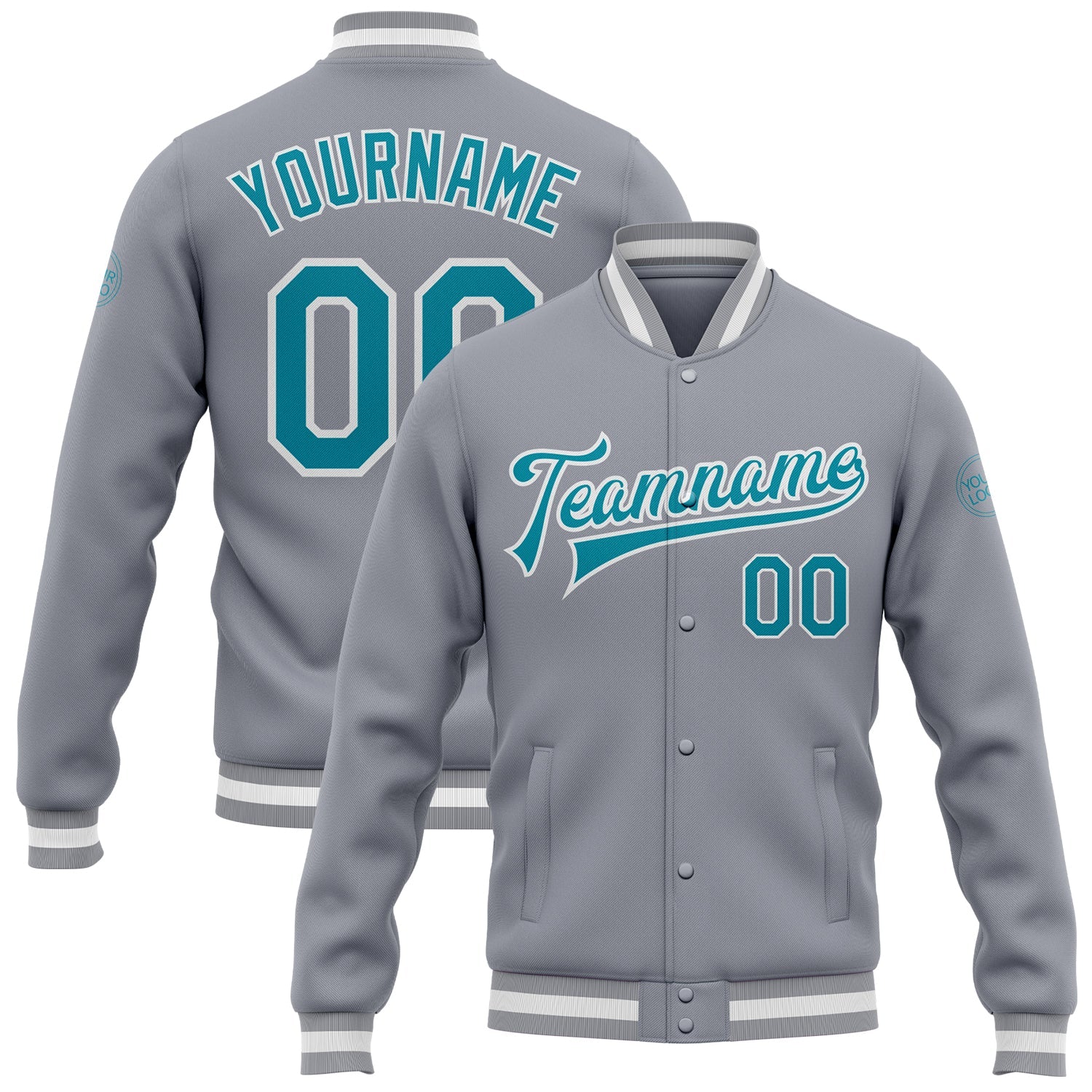 Custom Gray Teal-White Bomber Full-Snap Varsity Letterman Jacket - Main View