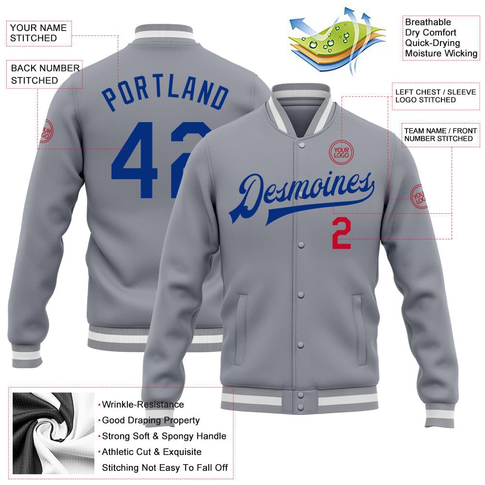 Custom Gray Royal-Red Bomber Full-Snap Varsity Letterman Jacket view 5