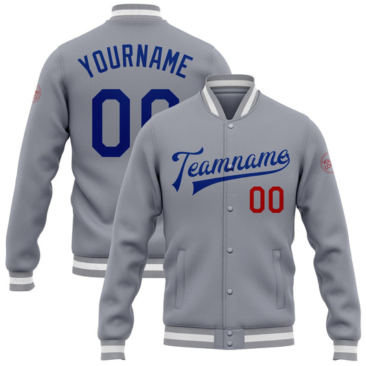 Custom Gray Royal-Red Bomber Full-Snap Varsity Letterman Jacket - Main View