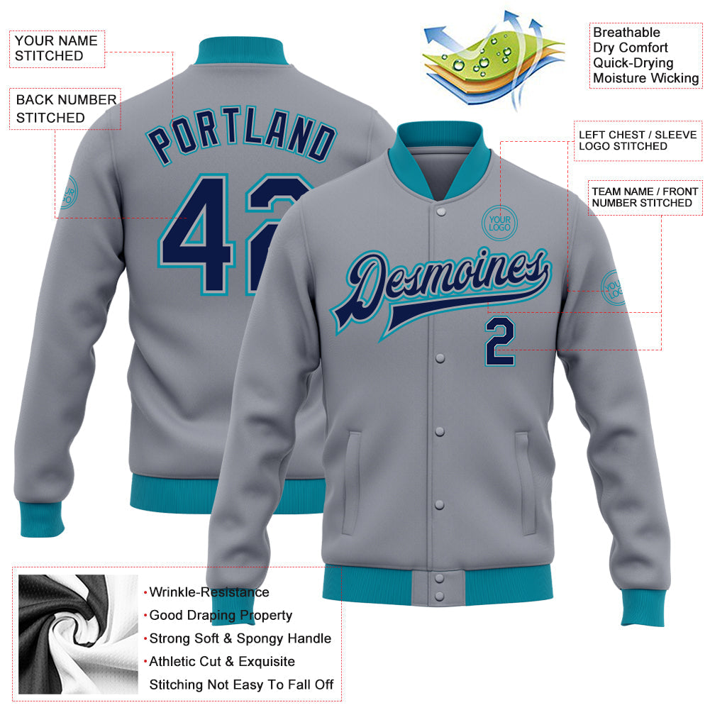 Custom Gray Navy-Teal Bomber Full-Snap Varsity Letterman Jacket view 5
