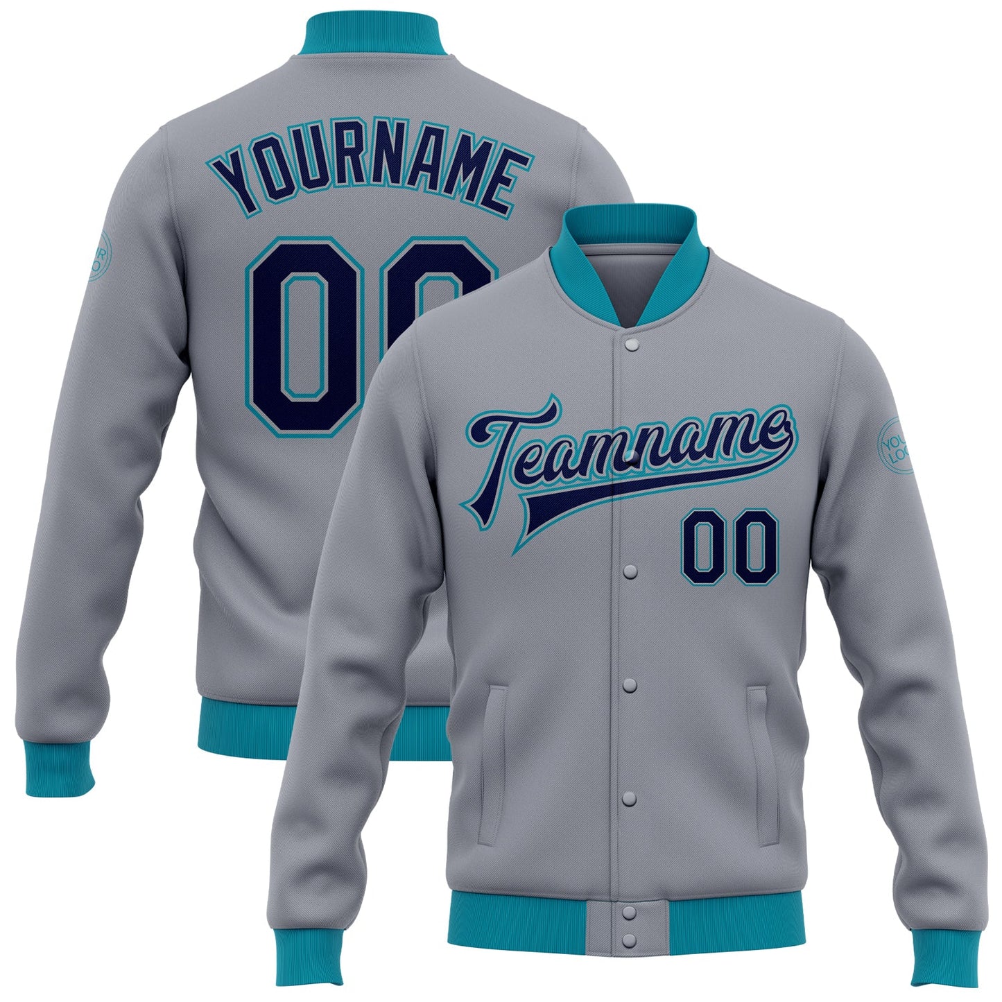 Custom Gray Navy-Teal Bomber Full-Snap Varsity Letterman Jacket - Main View