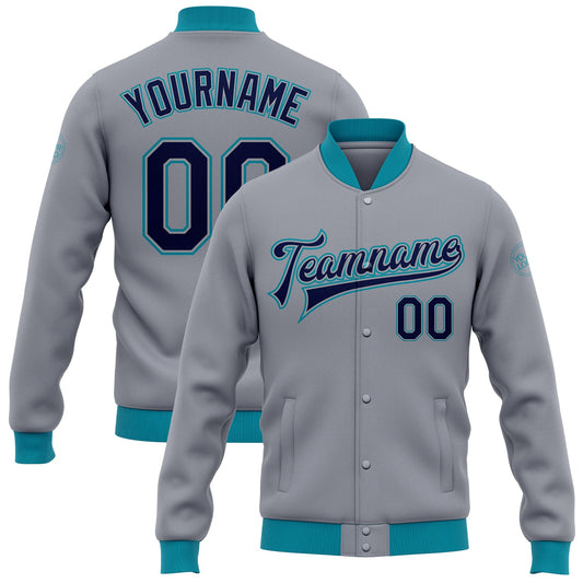 Custom Gray Navy-Teal Bomber Full-Snap Varsity Letterman Jacket - Main View