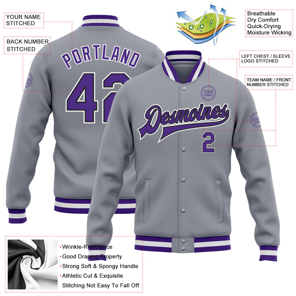 Custom Gray Purple-Black Bomber Full-Snap Varsity Letterman Jacket view 5