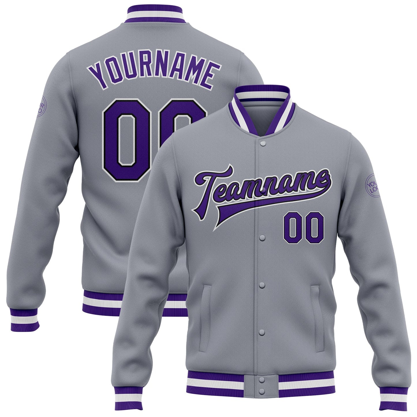 Custom Gray Purple-Black Bomber Full-Snap Varsity Letterman Jacket - Main View