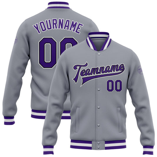 Custom Gray Purple-Black Bomber Full-Snap Varsity Letterman Jacket - Main View