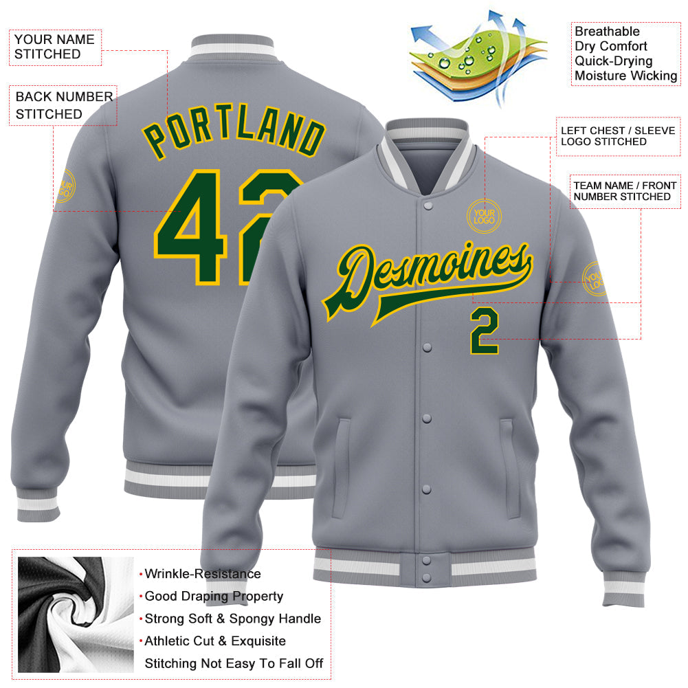 Custom Gray Green-Gold Bomber Full-Snap Varsity Letterman Jacket view 5