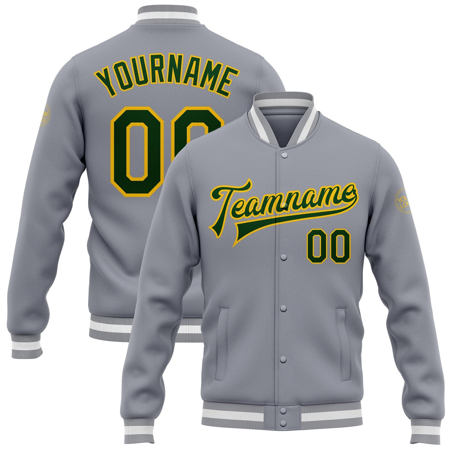 Custom Gray Green-Gold Bomber Full-Snap Varsity Letterman Jacket - Main View