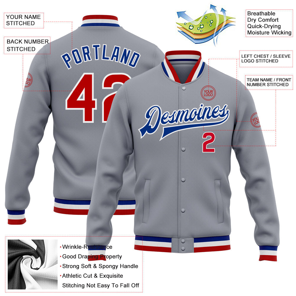 Custom Gray Red-Royal Bomber Full-Snap Varsity Letterman Jacket view 5