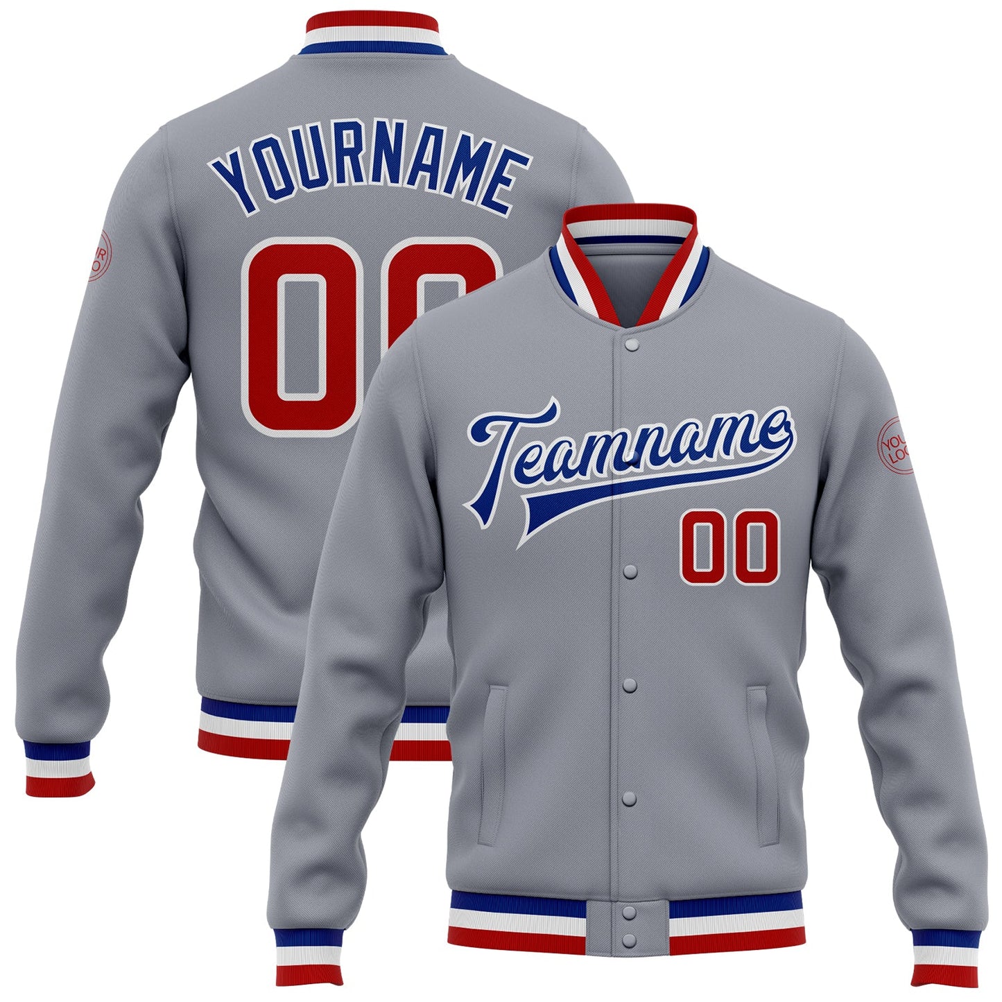Custom Gray Red-Royal Bomber Full-Snap Varsity Letterman Jacket - Main View