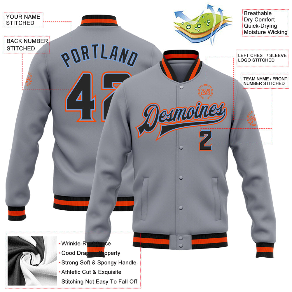 Custom Gray Black Powder Blue-Orange Bomber Full-Snap Varsity Letterman Jacket view 5