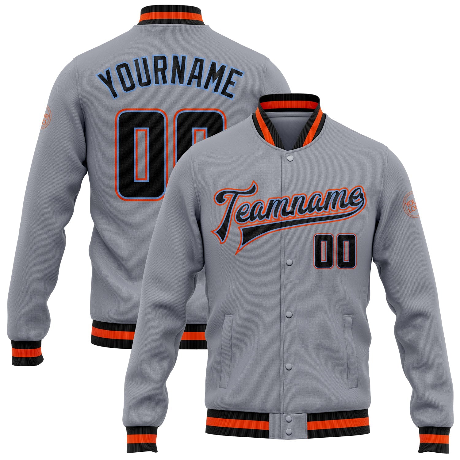 Custom Gray Black Powder Blue-Orange Bomber Full-Snap Varsity Letterman Jacket - Main View