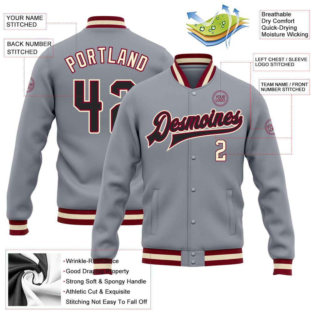 Custom Gray Black Maroon-Cream Bomber Full-Snap Varsity Letterman Jacket view 5