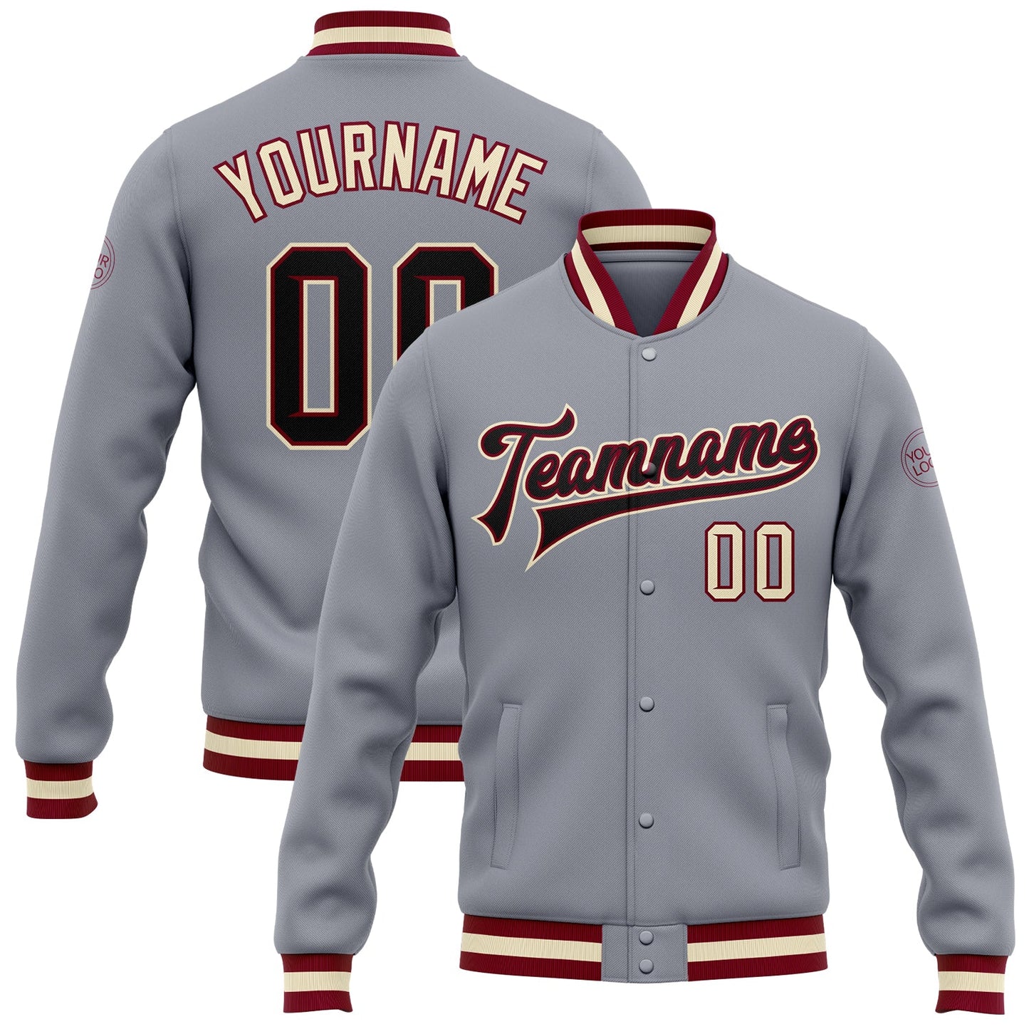 Custom Gray Black Maroon-Cream Bomber Full-Snap Varsity Letterman Jacket - Main View