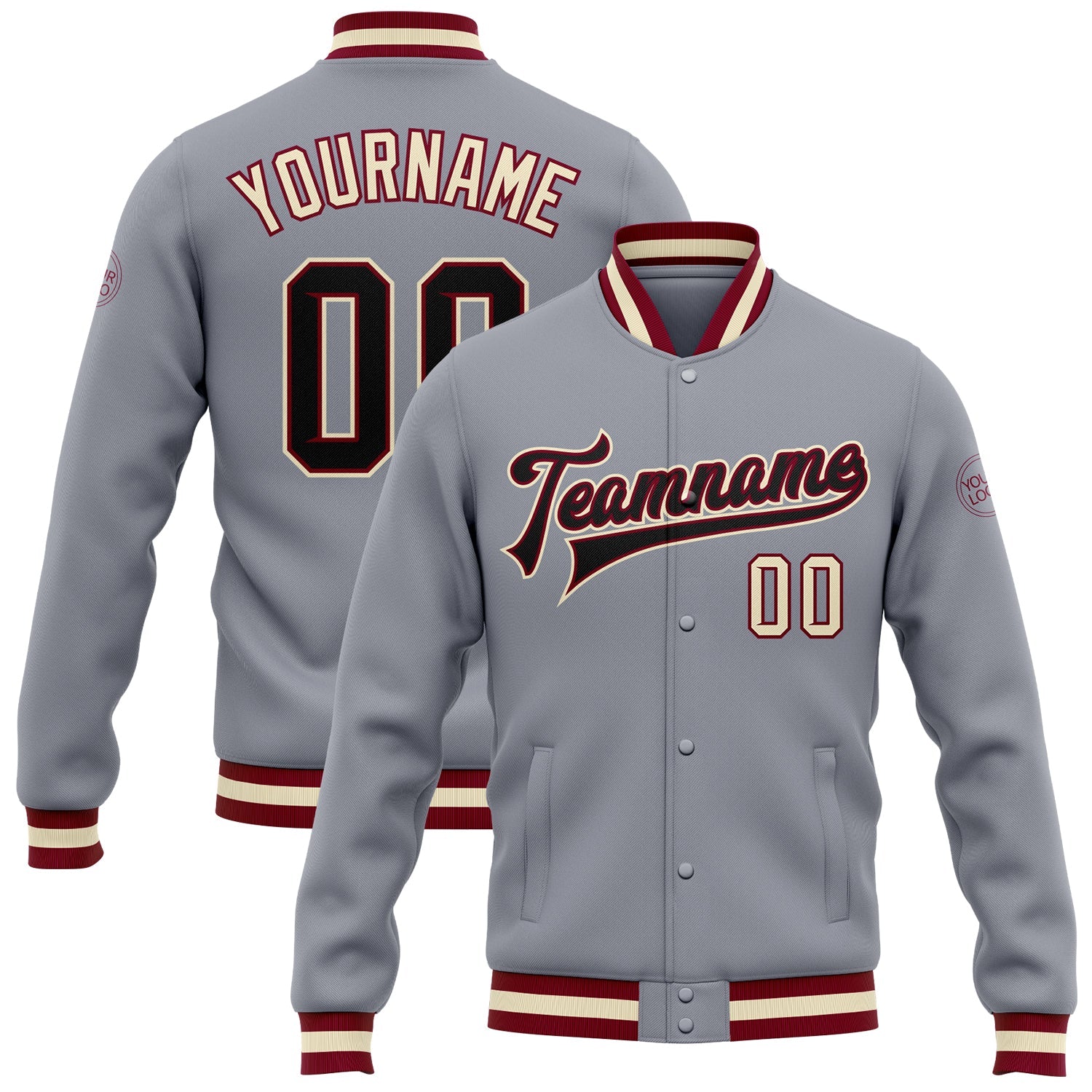 Custom Gray Black Maroon-Cream Bomber Full-Snap Varsity Letterman Jacket - Main View