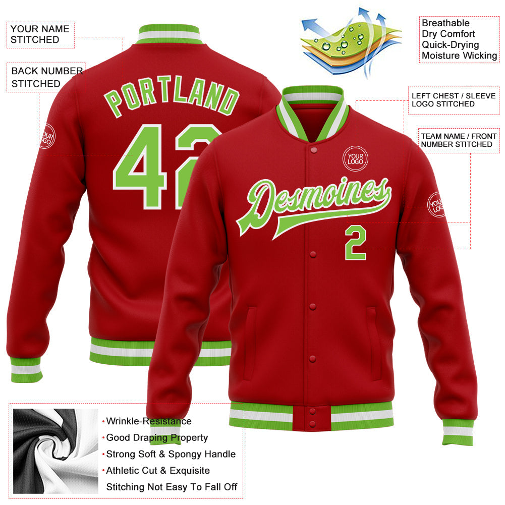 Custom Red Neon Green-White Bomber Full-Snap Varsity Letterman Jacket view 5