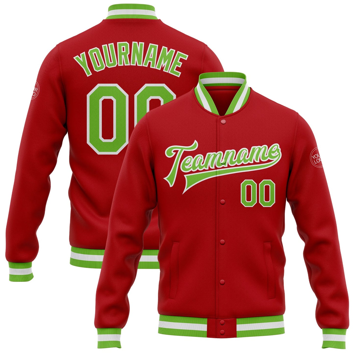 Custom Red Neon Green-White Bomber Full-Snap Varsity Letterman Jacket - Main View