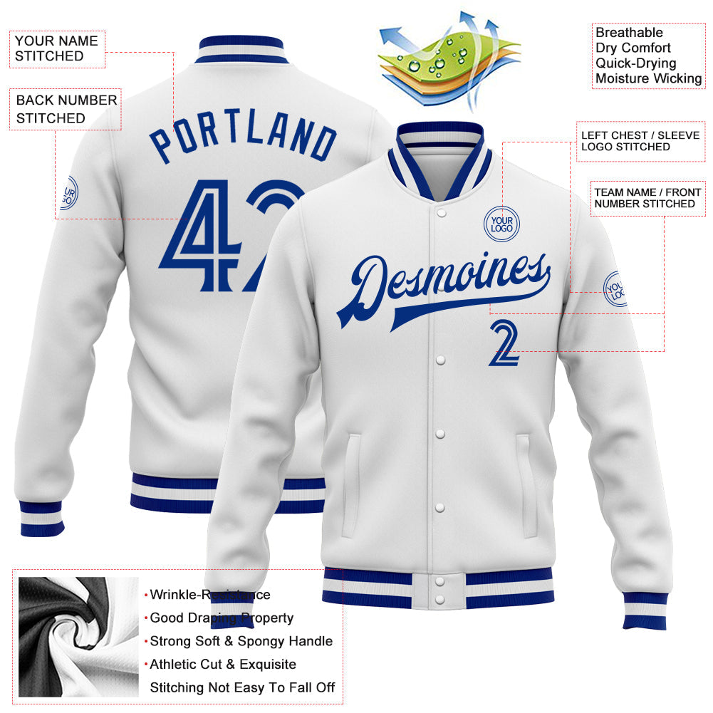 Custom White White-Royal Bomber Full-Snap Varsity Letterman Jacket view 5