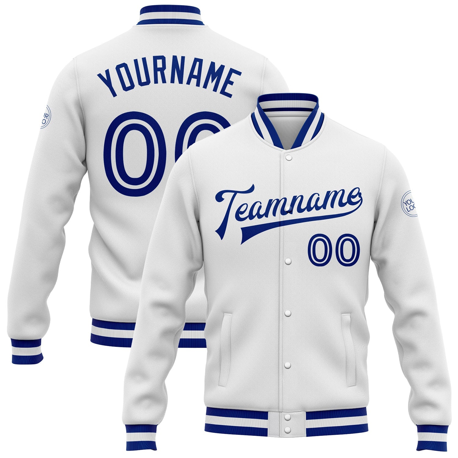 Custom White White-Royal Bomber Full-Snap Varsity Letterman Jacket - Main View