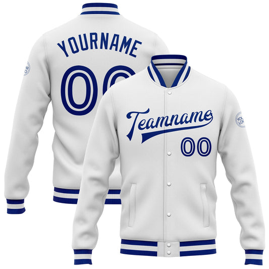 Custom White White-Royal Bomber Full-Snap Varsity Letterman Jacket - Main View