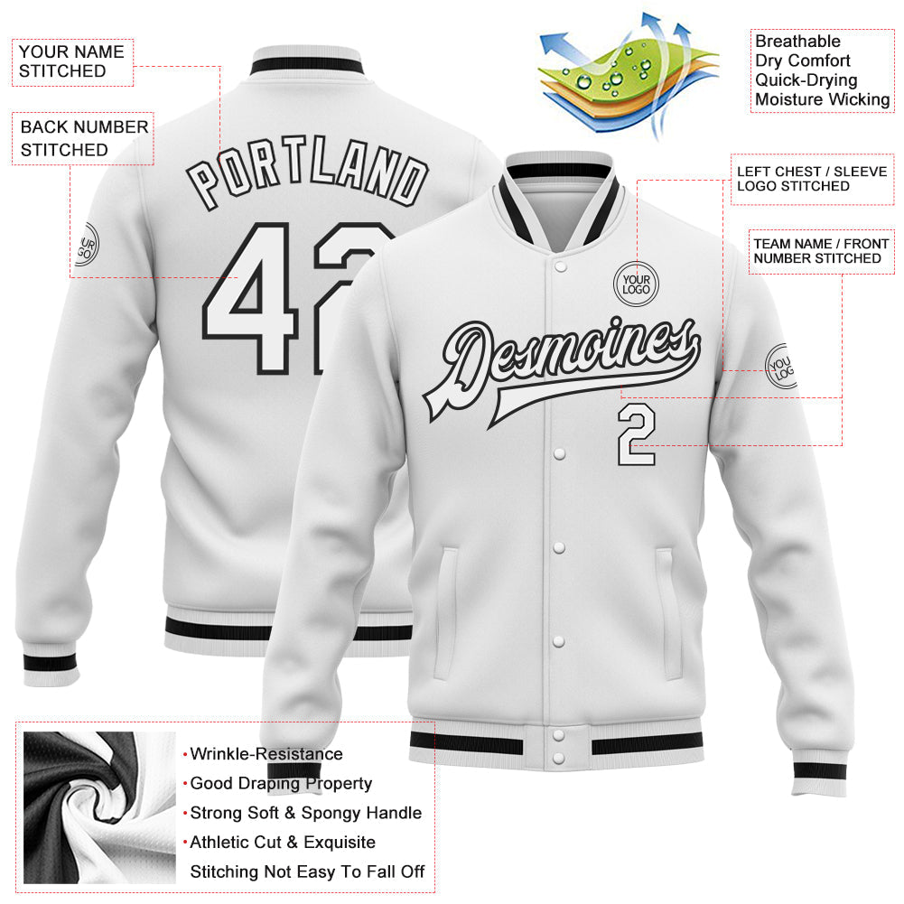 Custom White White-Black Bomber Full-Snap Varsity Letterman Jacket view 5
