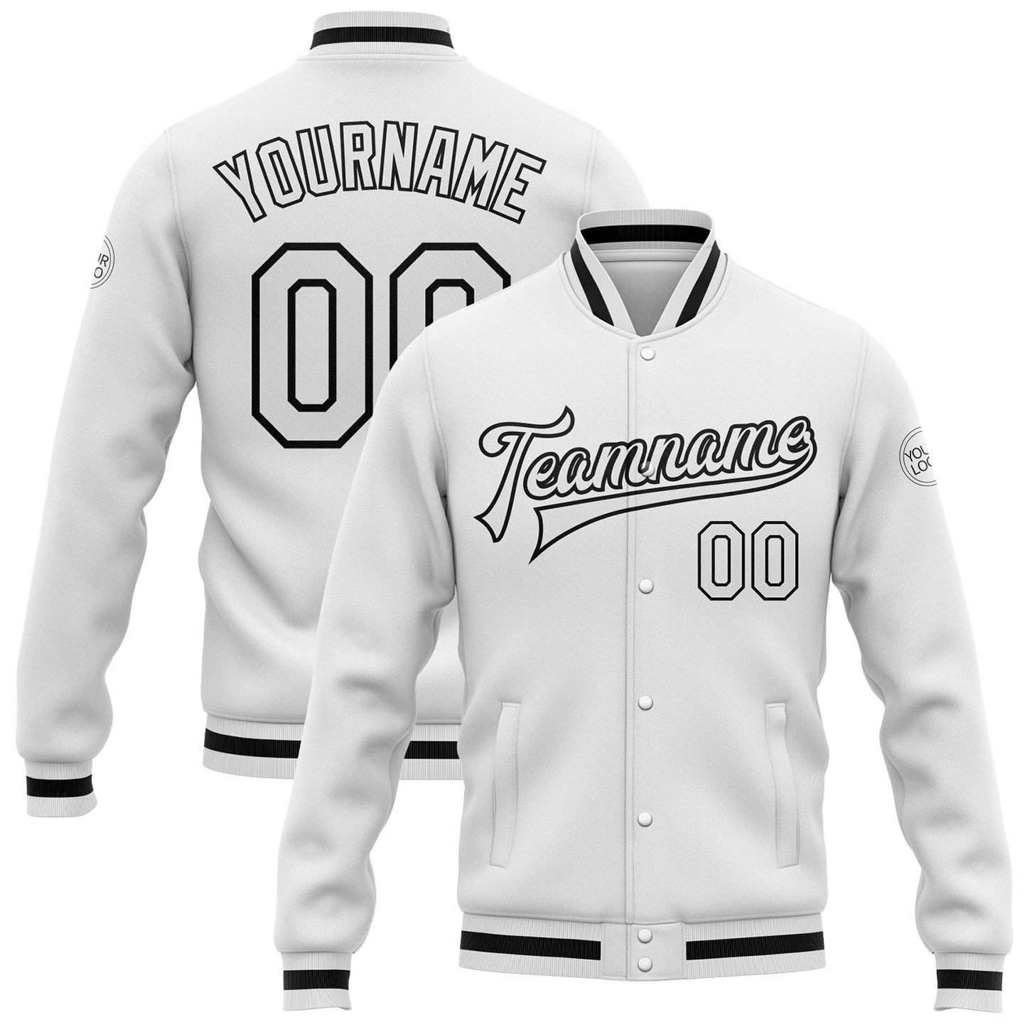 Custom White White-Black Bomber Full-Snap Varsity Letterman Jacket - Main View