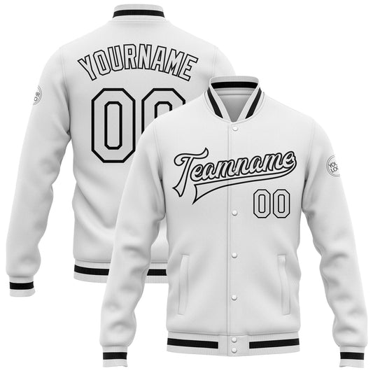 Custom White White-Black Bomber Full-Snap Varsity Letterman Jacket - Main View