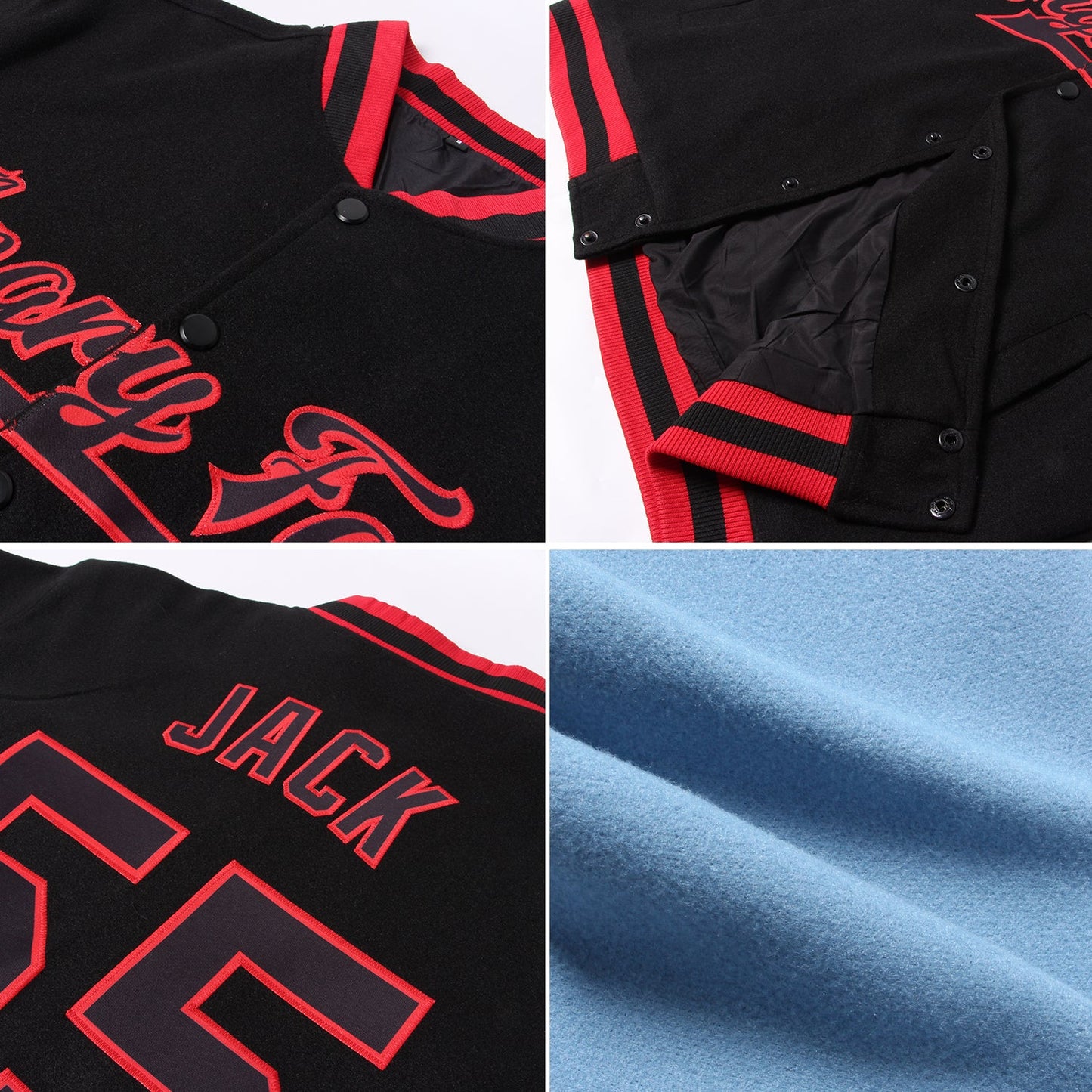 Custom Light Blue Gold-Navy Bomber Full-Snap Varsity Letterman Jacket view 4