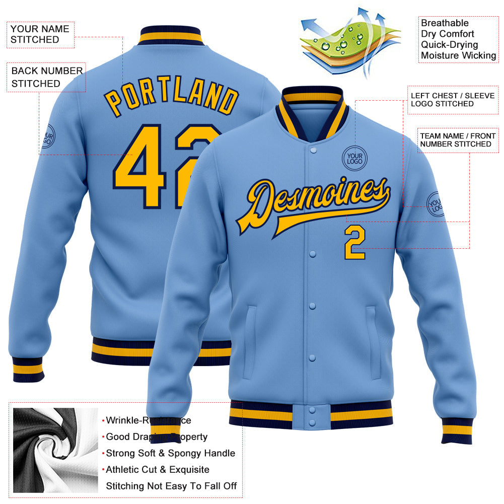 Custom Light Blue Gold-Navy Bomber Full-Snap Varsity Letterman Jacket view 5