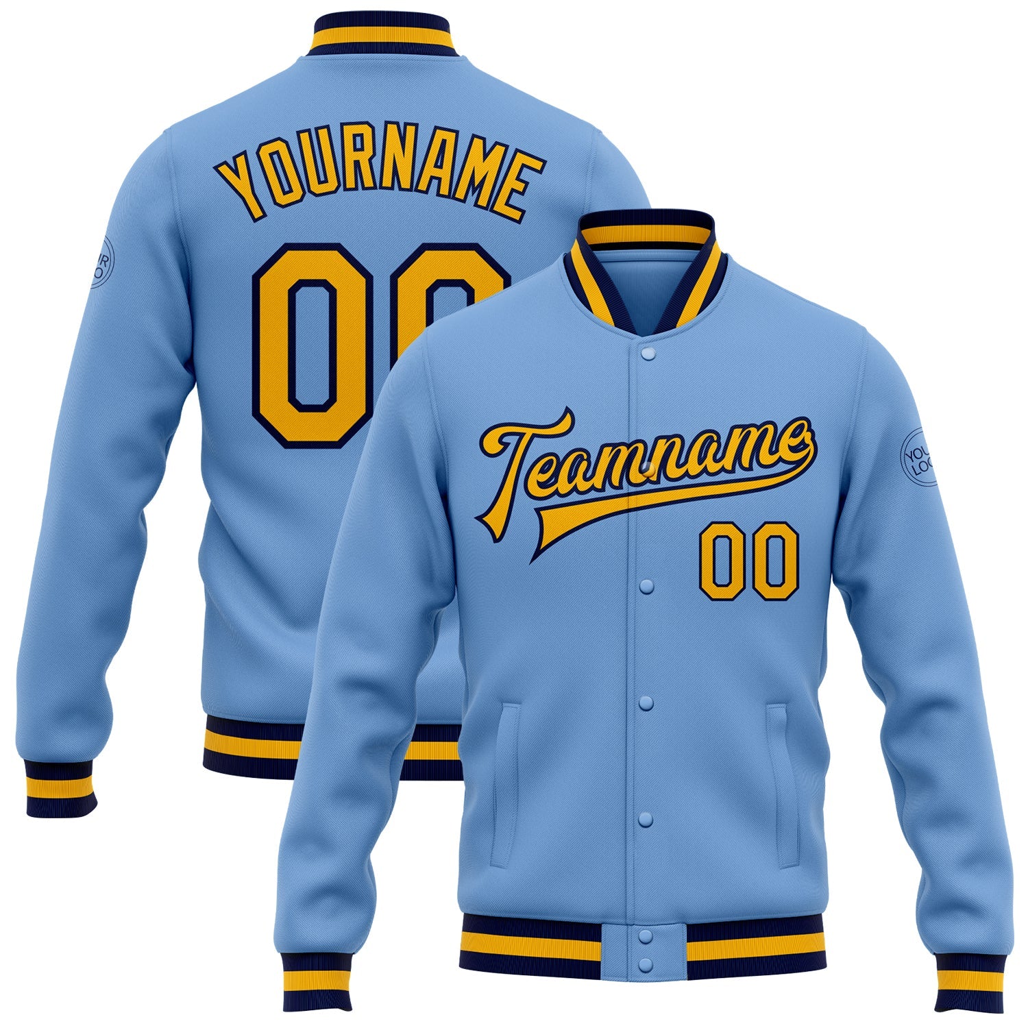 Custom Light Blue Gold-Navy Bomber Full-Snap Varsity Letterman Jacket - Main View