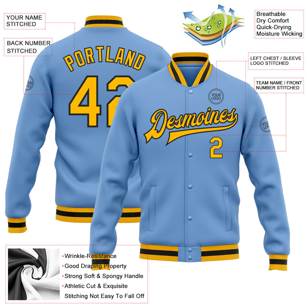 Custom Light Blue Gold-Black Bomber Full-Snap Varsity Letterman Jacket view 5