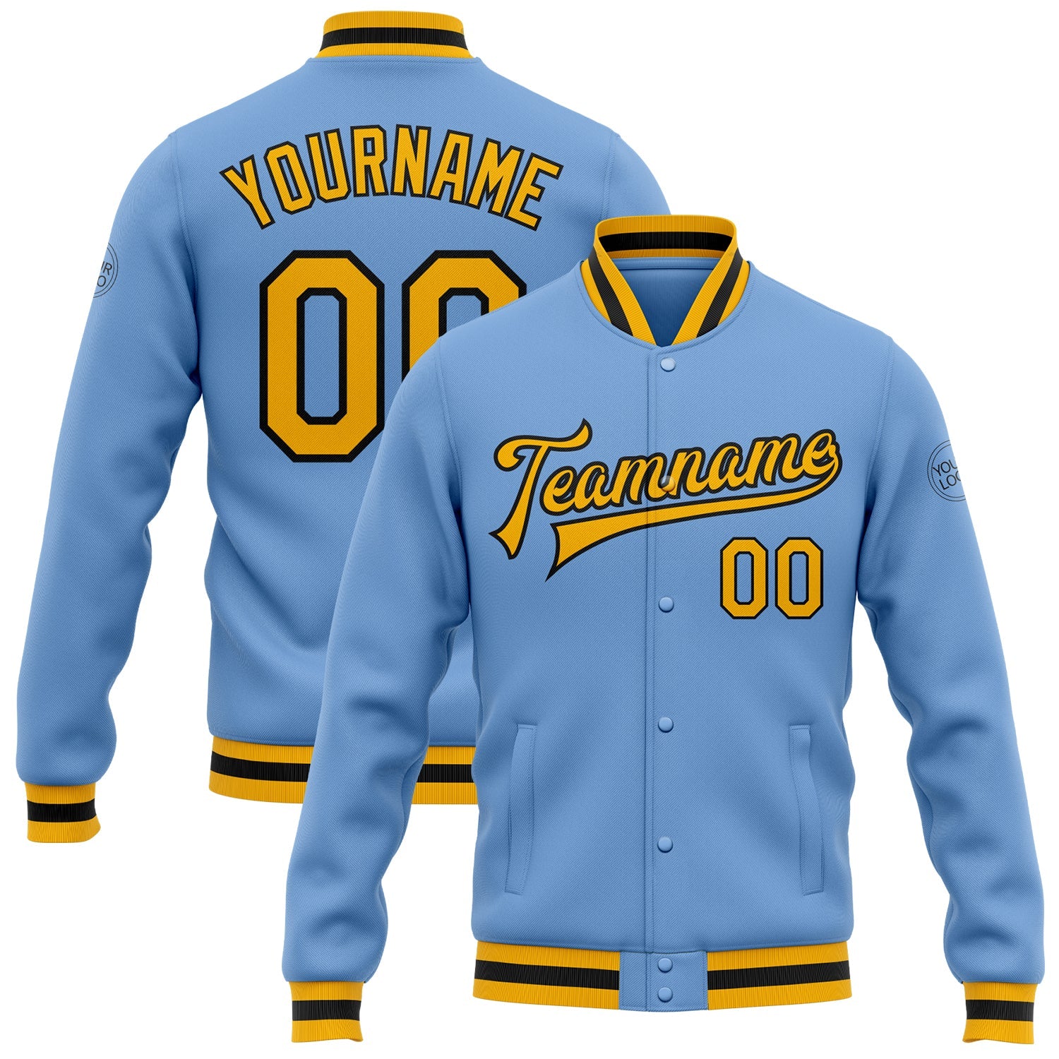 Custom Light Blue Gold-Black Bomber Full-Snap Varsity Letterman Jacket - Main View
