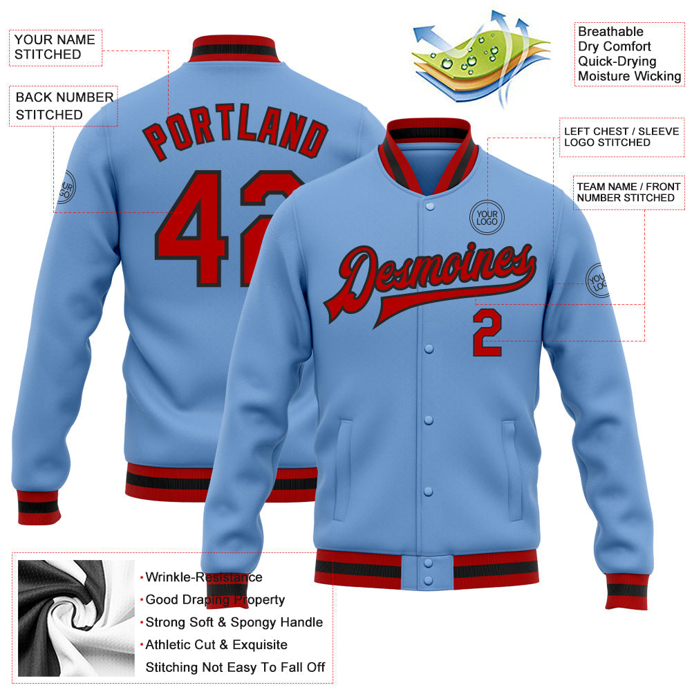 Custom Light Blue Red-Black Bomber Full-Snap Varsity Letterman Jacket view 5