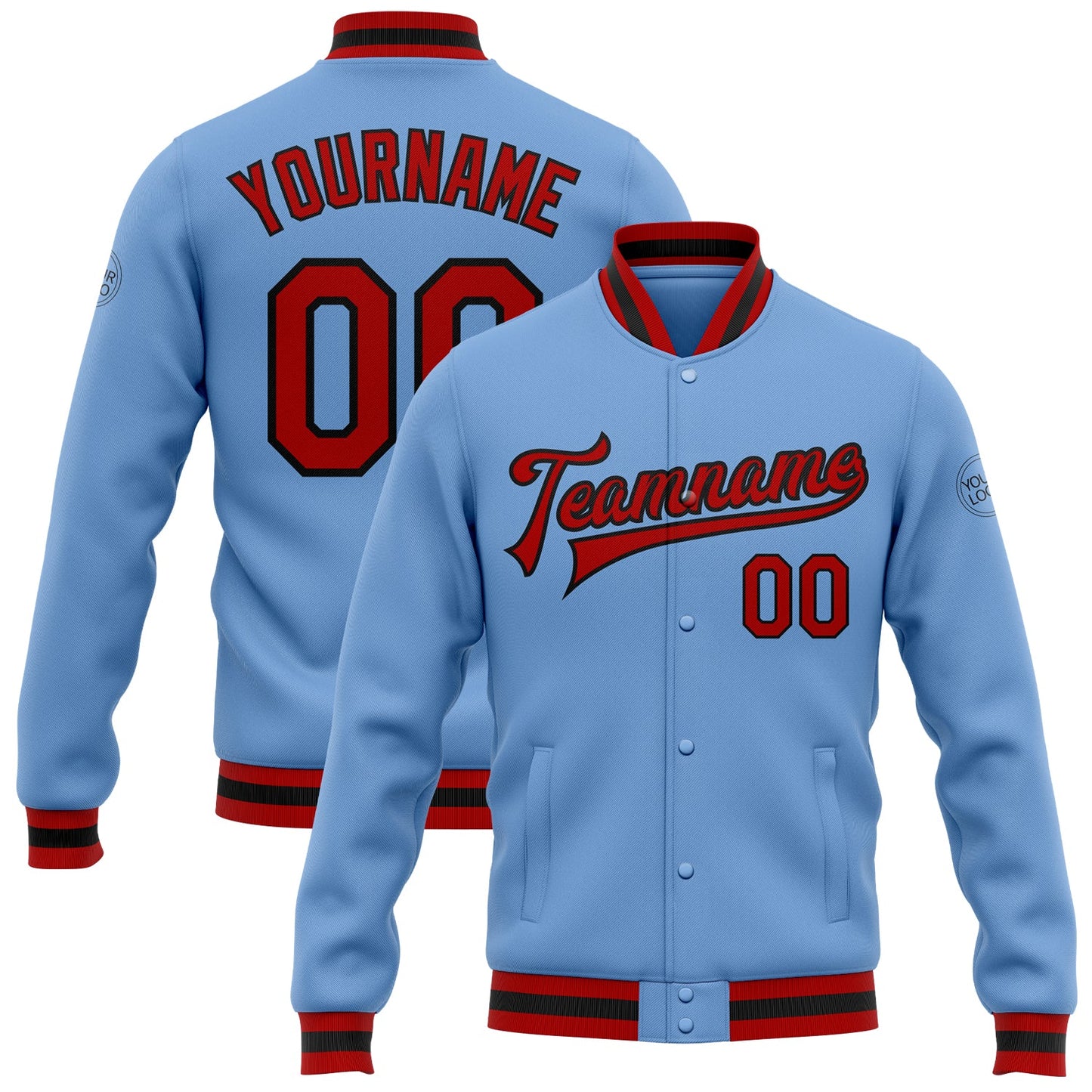 Custom Light Blue Red-Black Bomber Full-Snap Varsity Letterman Jacket - Main View