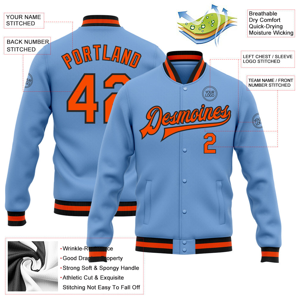 Custom Light Blue Orange-Black Bomber Full-Snap Varsity Letterman Jacket view 5