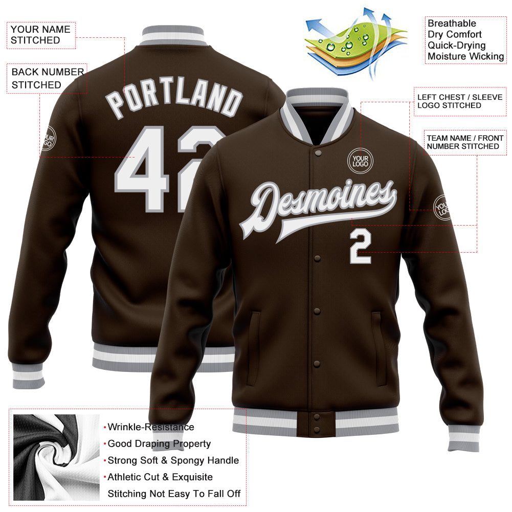 Custom Brown White-Gray Bomber Full-Snap Varsity Letterman Jacket view 5