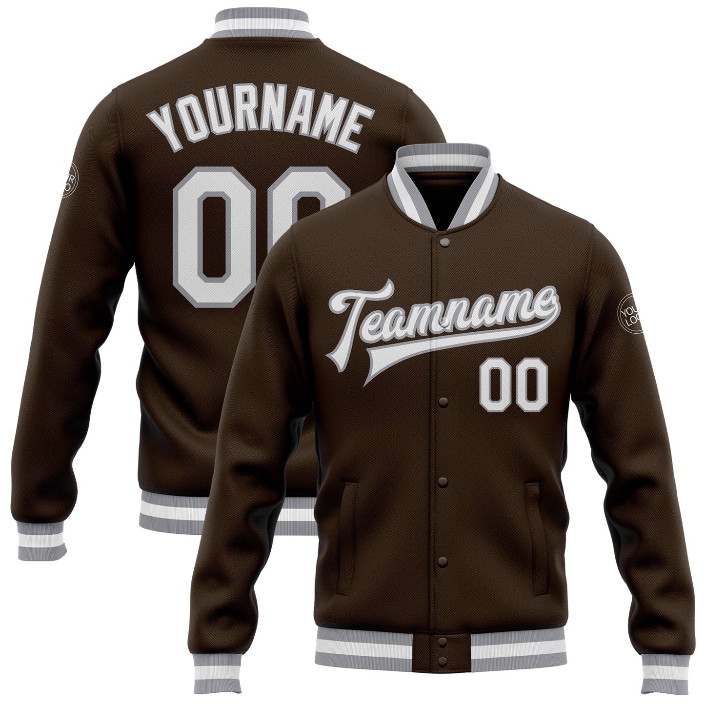 Custom Brown White-Gray Bomber Full-Snap Varsity Letterman Jacket - Main View
