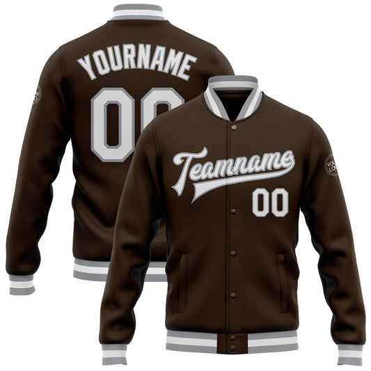Custom Brown White-Gray Bomber Full-Snap Varsity Letterman Jacket - Main View