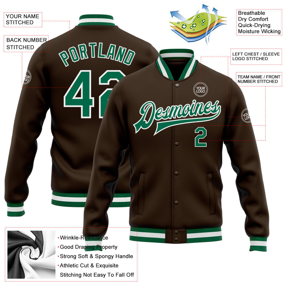 Custom Brown Kelly Green-White Bomber Full-Snap Varsity Letterman Jacket view 5
