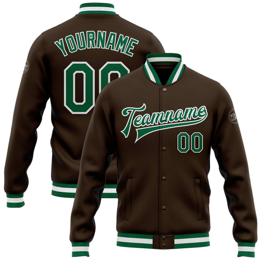 Custom Brown Kelly Green-White Bomber Full-Snap Varsity Letterman Jacket - Main View