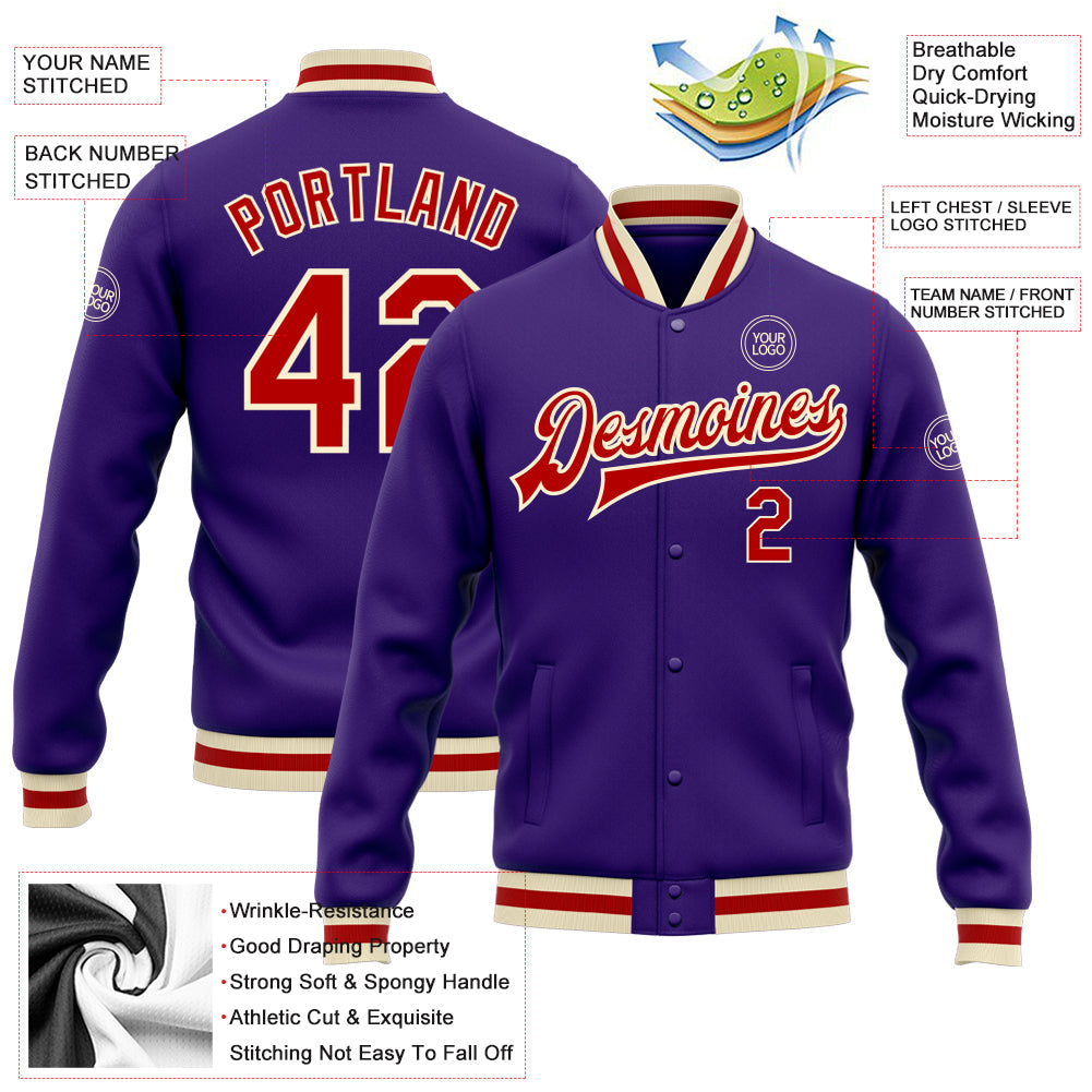 Custom Purple Red-Cream Bomber Full-Snap Varsity Letterman Jacket view 5